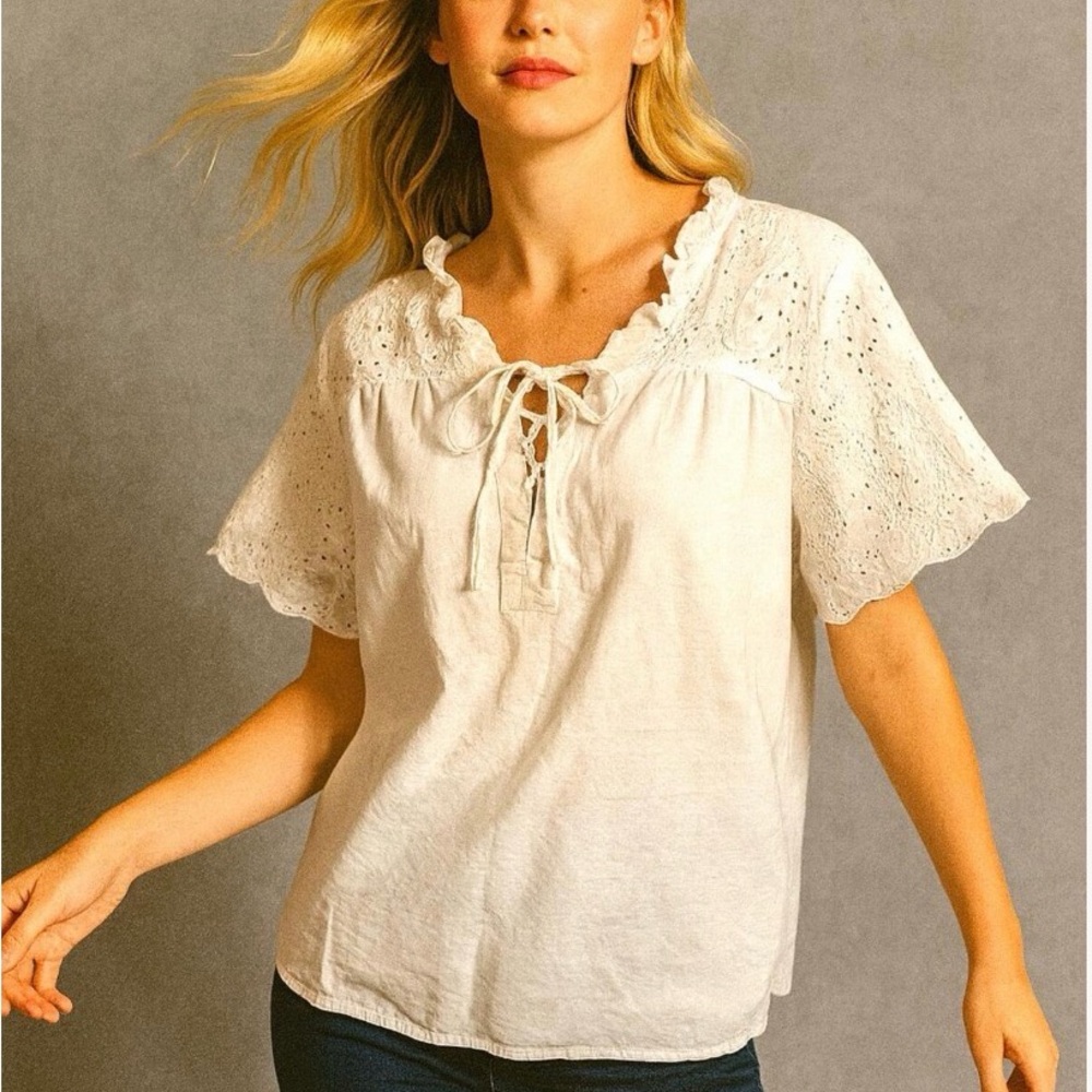 LOFT White Eyelet Lace Tie-Neck Blouse Size Small